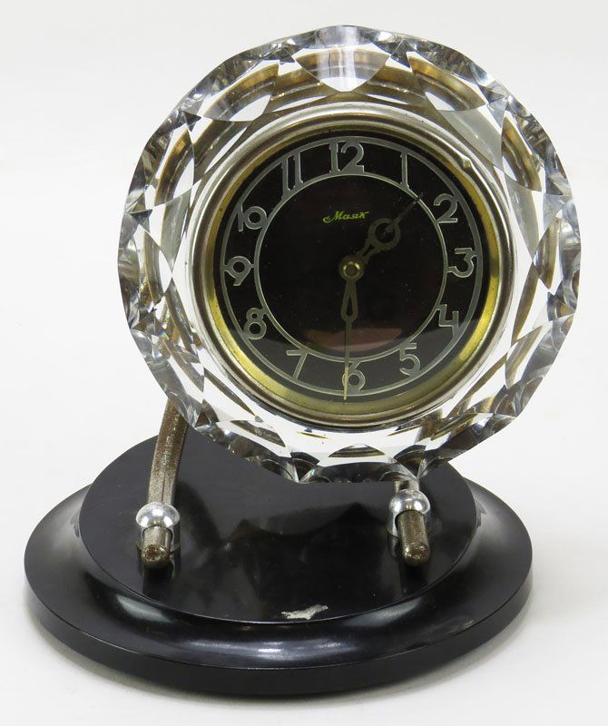 Rare Art Deco Crystal Masik Russian Clock on Stand.: Rare Art Deco Crystal Masik Russian Clock on Stand. Good Condition. Clock only Measures 7 Inches Diameter. Shipping $40.00