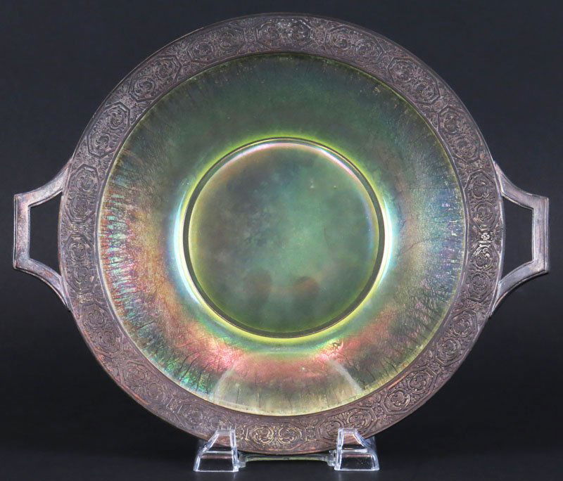 Bernard Rices Sons, Inc. TC Hardt Pewter Rimmed Stretch: Bernard Rices Sons, Inc. TC Hardt Pewter Rimmed Stretch Art Glass Cake Plate/Round Platter. Signed. Good Condition. Shipping $38.00