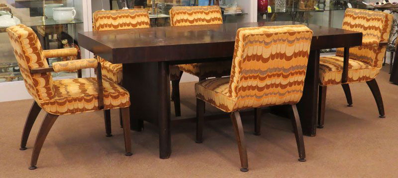 Mid Century Modern Dark Wood Dining Room Suite: Mid Century Modern Dark Wood Dining Room Suite Including: Table with Extension and Five (5) Matching Chairs. Unsigned. Scuffing, Scratching from Use or else Good Condition. Table Measures 29-1/2 Inche