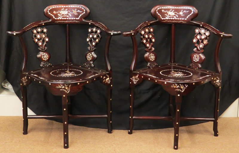 Pair of Oriental Corner Chairs with Mother of Pearl: Pair of Oriental Corner Chairs with Mother of Pearl Inlaid. Good Condition. We Will Not Ship This Item Due to Its Size, But Will Give a List of Outside Vendors.