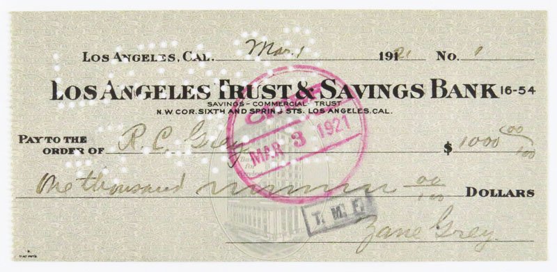 1921 Autographed Los Angeles Trust & Savings Bank Check: 1921 Autographed Los Angeles Trust & Savings Bank Check Signed Zane Grey. Shipping $20.00
