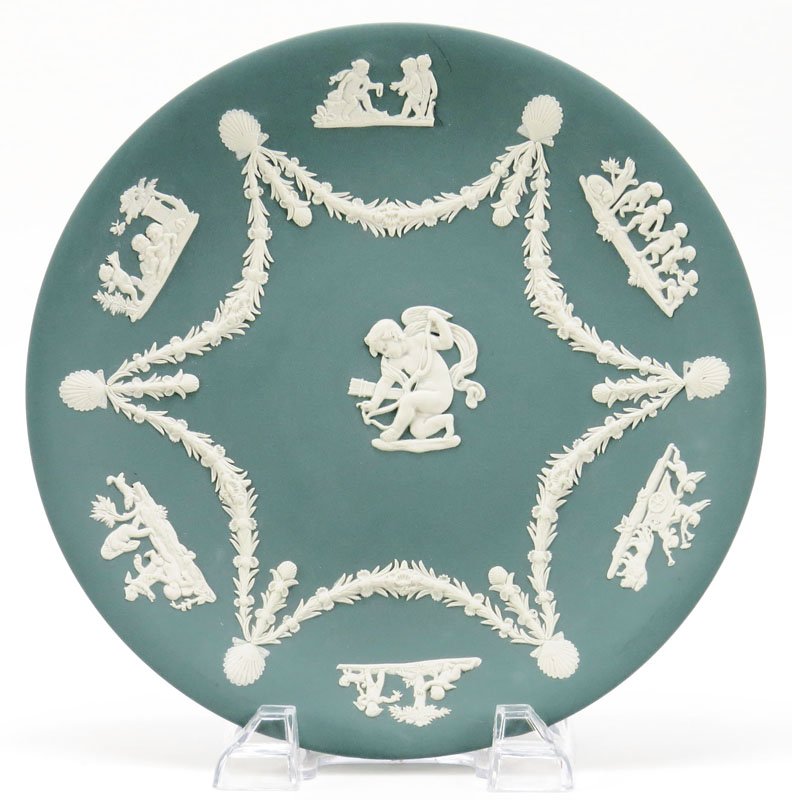 Unusual Color Wedgwood Jasperware Blue-Green Plate.: Unusual Color Wedgwood Jasperware Blue-Green Plate. Signed. Very Good Condition. Measures 9 Inches Diameter. Shipping $26.00