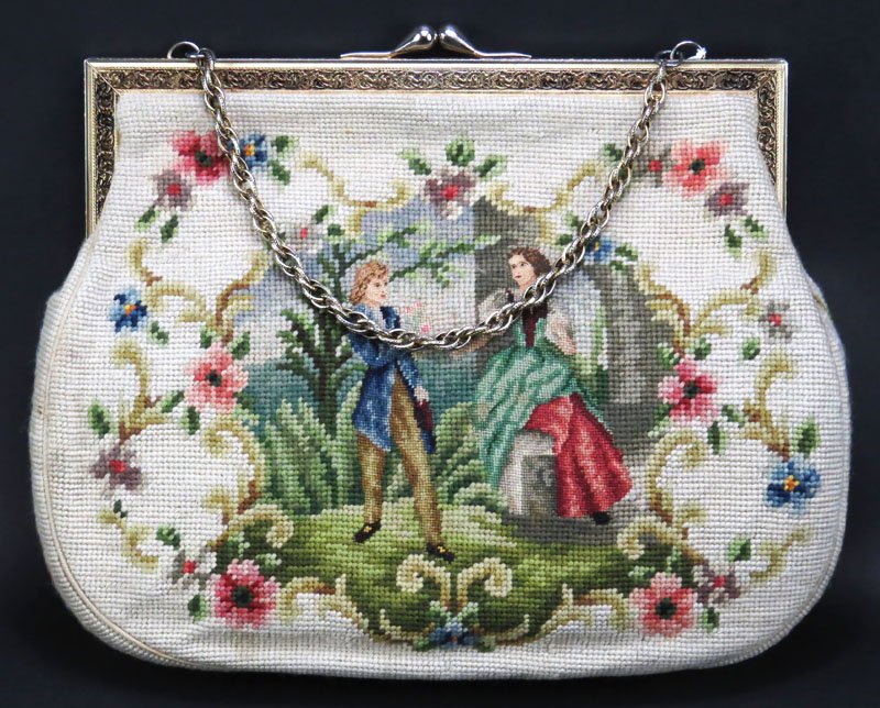 Vintage 1950-1960s Needlepoint Beige Handbag with: Vintage 1950-1960s Needlepoint Beige Handbag with Courting Scene and Floral Design. Good Condition. Measures: 12 Inches Tall by 15 Inches Wide. Shipping $30.00
