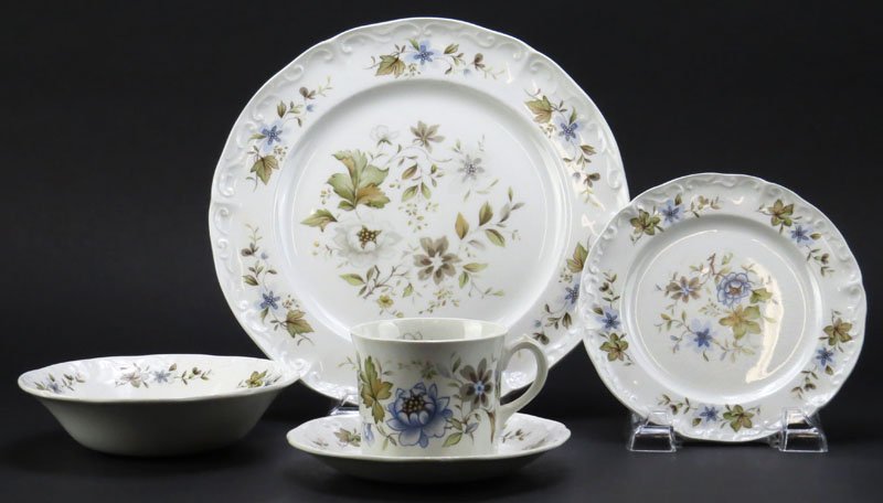 Thirty Eight (38) Piece Ridgway Ironstone Partial: Thirty Eight (38) Piece Ridgway Ironstone Partial Porcelain Dinner Service in the Arlene Pattern. Pieces Include: 8 Dinner Plates, 4 Cups, 10 Saucers, 10 Soup Bowls and 8 Plates. Signed. Good Conditio