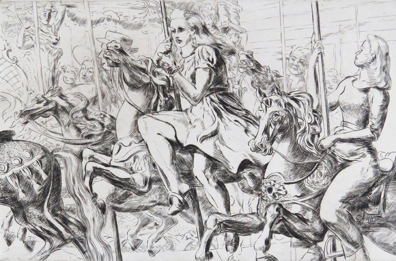 Reginald Marsh American (1898-1954) Etching: Reginald Marsh American (1898-1954) Etching "Merry-go-Round" Circa 1969. 99, Sasowsky. Whitney Museum Edition. Limited Edition 18/100. AAA Publisher. Museum Blindstamp Lower Right. Has Authenticity fr