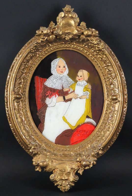 Reverse Painting on Glass after: Mrs. Freake and Baby: Reverse Painting on Glass after: Mrs. Freake and Baby Mary, Primitive American Painting 1738-1825 Mounted on Antique French Painted Gilt Frame. Artist Charlotte Rodin Name en Verso. Frame Measures 18-