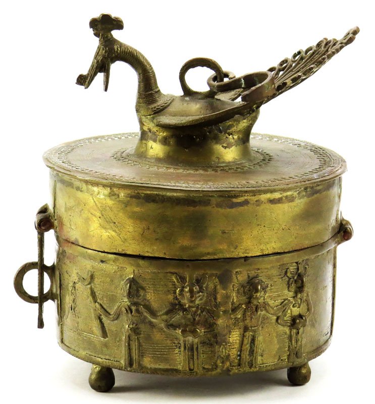 Unusual Far Eastern Hanging Brass Footed Box. Unsigned.: Unusual Far Eastern Hanging Brass Footed Box. Unsigned. Good Condition. Measures 7-1/4 Inches and 5-3/8 Inches. Shipping $35.00