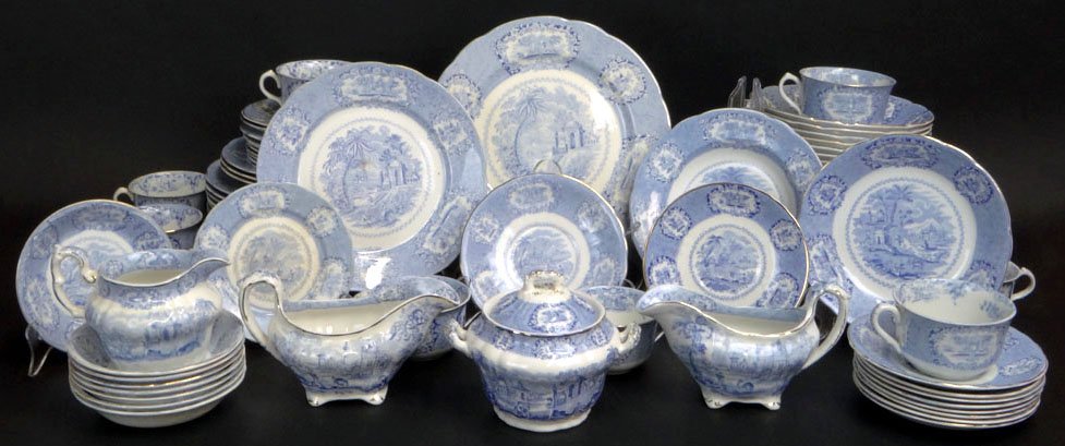 Ninety Eight (98) Piece Assembled Set of 19th Century: Ninety Eight (98) Piece Assembled Set of 19th Century English Ridgway Ironstone in the "Oriental" Blue Pattern Including: Twelve (12) 10" Dinner Plates; Twelve (12) 8-7/8" Inches Luncheon Plates; Twel