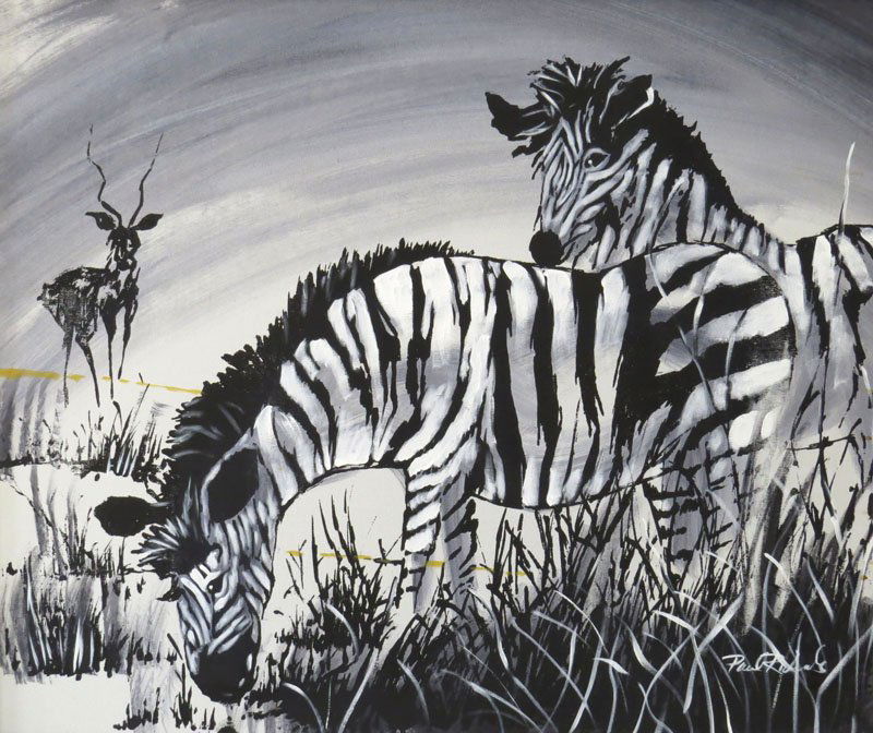 Paul Richards American Oil on Canvas "Zebra" Signed: Paul Richards American Oil on Canvas "Zebra" Signed Lower Right, Gallery Label en Verso. Good Condition. Frame Measures 32 Inches by 38 Inches. Shipping $155.00