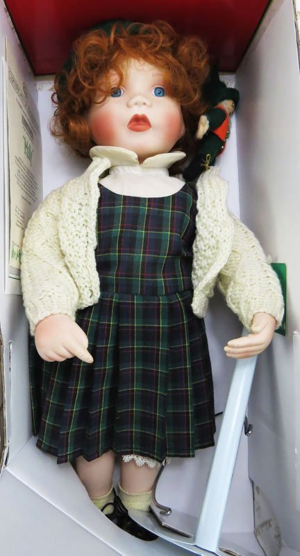 "Molly" A Little Irish Lady. Original Issue Porcelain: "Molly" A Little Irish Lady. Original Issue Porcelain Doll from International Festival of Toys and Tots. Created by Kathy Barry. In Original Box. Shipping $45.00