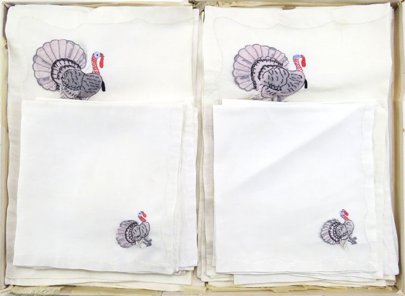 Unusual Set of Twenty (20) Hand Embroidered: Unusual Set of Twenty (20) Hand Embroidered Thanksgiving Day Linens. Including Ten (10) Place Mats and Ten (10) Dinner Napkins. Mosse Linens 659 Fifth Ave, New York City with Original Box. Minor Stain