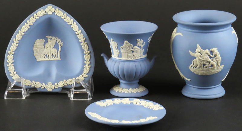 Four (4) Blue Wedgwood Jasperware Tabletop Pieces.: Four (4) Blue Wedgwood Jasperware Tabletop Pieces. Signed. Good Condition. Largest Measures 4 Inches Tall and 3-3/8 Inches Diameter. Shipping $28.00