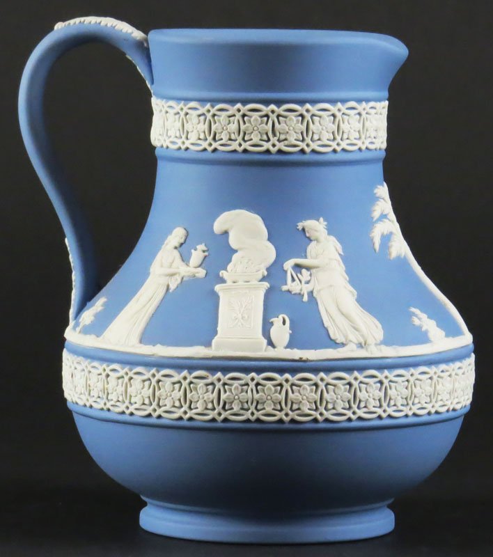 Blue Wedgwood Jasperware Syrup Pitcher. Signed. Good: Blue Wedgwood Jasperware Syrup Pitcher. Signed. Good Condition. Measures 5 Inches Tall and 5 Inches Long. Shipping $20.00