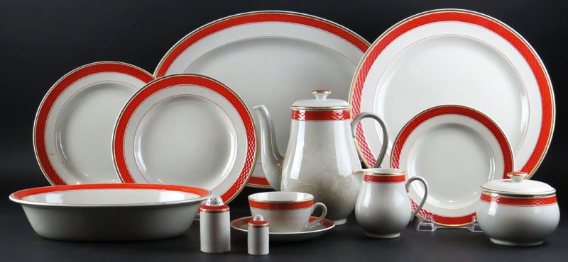 One Hundred Forty-Four (144) Piece Denmark Dinner: One Hundred Forty-Four (144) Piece Denmark Dinner Service With Orange Woven Basket Motif. Consists of: Twenty-One (21) Dinner Plates, Twenty-Eight (28) Salad Plates, Thirty- Four (34) Bread Plates, Tw