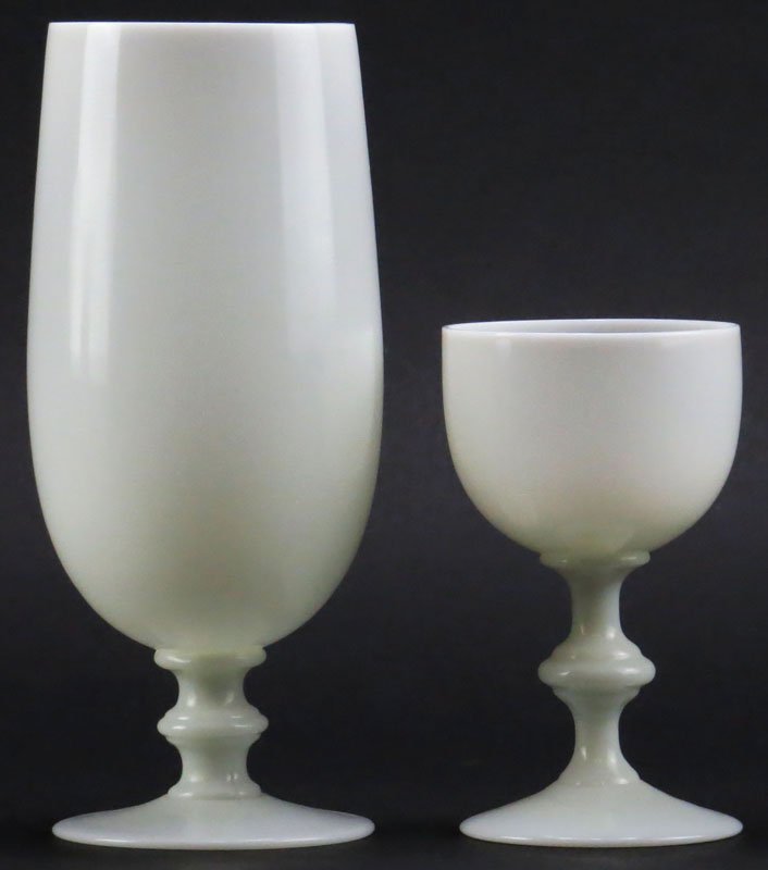 Collection of Eleven (11) Unsigned Hand Blown White: Collection of Eleven (11) Unsigned Hand Blown White Opaque Crystal Stemware. Two (2) Different Sizes. Ground and Polished Pontil. Larger Measures 7 Inches. Shipping $70.00