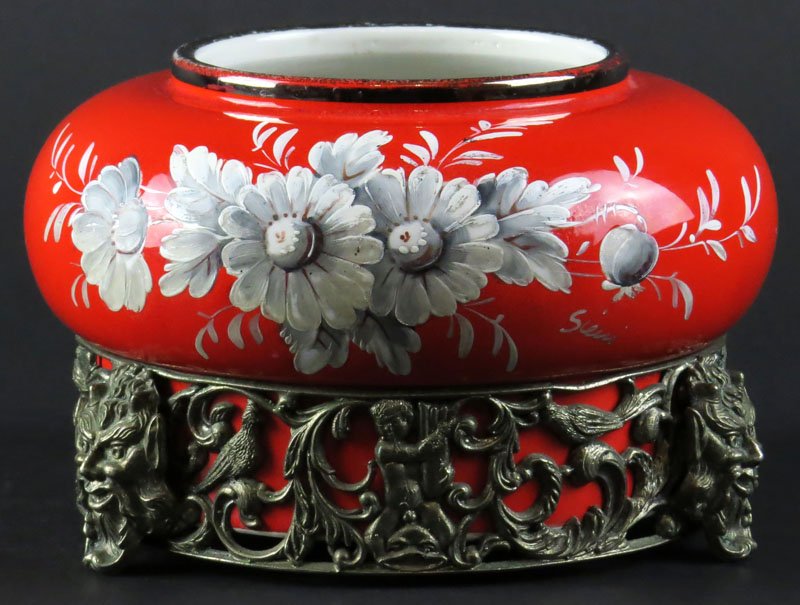 Capodimonte Keramos Porcelain Hand Painted Bowl with: Capodimonte Keramos Porcelain Hand Painted Bowl with Decorative Metal Base. Signed. Very Good Condition. Measures 4 Inches Tall and 6-3/4 Inches Diameter. Shipping $30.00