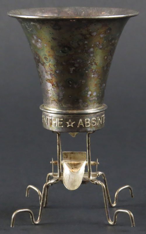 Silver Plate "The French Man Absinthe" Cup with Hole in: Silver Plate "The French Man Absinthe" Cup with Hole in Bottom and Drips in one of two ways. Good Condition. Needs Cleaning. Measures 4-7/8 Inches Tall. Shipping $20.00