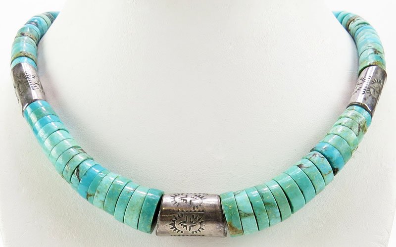 Native American Indian South Western Style or Possibly: Native American Indian South Western Style or Possibly Mexican Low Grade Silver and Turquoise Necklace. Unsigned. Good Condition. Measures 17 Inches Long. Shipping $20.00