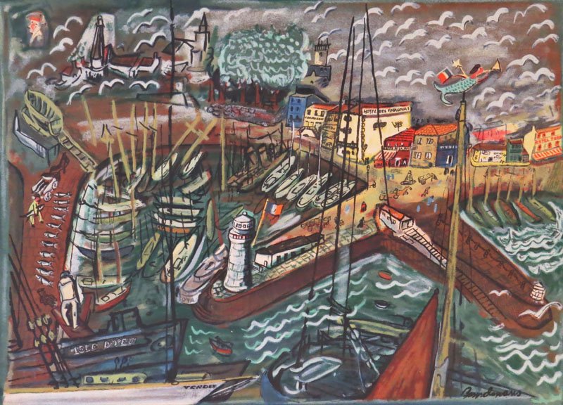 Ludwig Bemelmans American (1898-1962) Color Serigraph: Ludwig Bemelmans American (1898-1962) Color Serigraph "Isle D'Yeu" Pencil Signed. Light Foxing and Toning From Age. Measures 21-1/4 Inches by 28-1/2 Inches. Frame Measures 26-1/2 Inches by 33-1/2 Inch