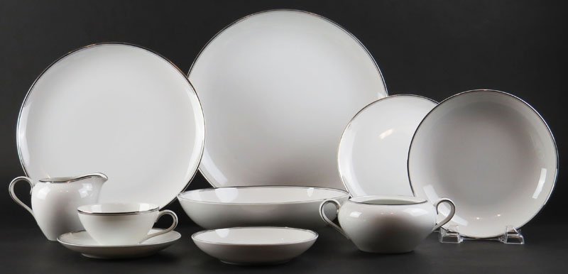 Sixty (60) Piece Royal M by Mita Shoten Japan Porcelain: Sixty (60) Piece Royal M by Mita Shoten Japan Porcelain Dinner Service in the "Elegance" Pattern. Service Includes: 10 Dinner Plates, 8 Salad Plates, 8 Soup Bowls, 8 Fruit Bowls, 12 Cups and 10 Saucer