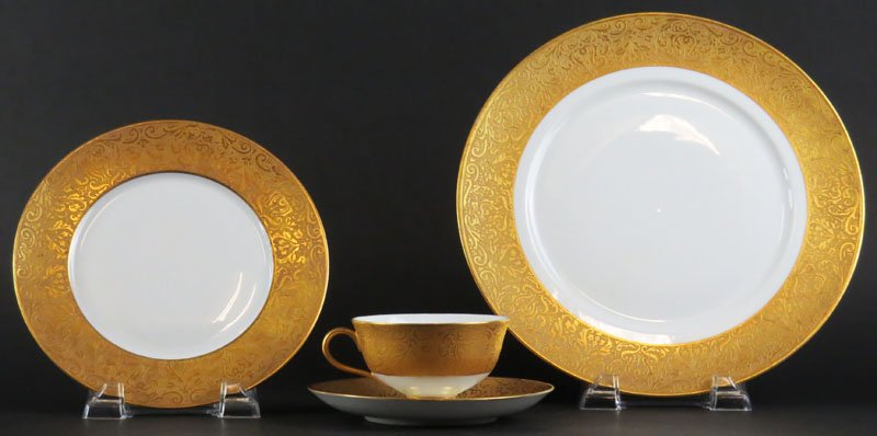 Thirty Two (32) Piece Porcelain Dinnerware with Gilt: Thirty Two (32) Piece Porcelain Dinnerware with Gilt Decoration. Signed "F" Heavy. Shipping $105.00