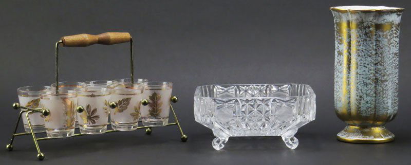 Vintage Stangl Ceramic Vase together with Vintage Shot: Vintage Stangl Ceramic Vase together with Vintage Shot Set and Leaded Glass Candy Dish. Shipping $45.00