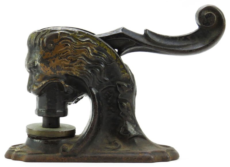 Antique Cast Iron Lion Head Stamp. Unsigned. Good: Antique Cast Iron Lion Head Stamp. Unsigned. Good Condition. Does Not Retract. Measures 5-1/4 Inches. Shipping $25.00