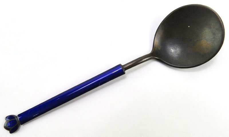 David Anderson Norway Enamel and Sterling Silver Spoon.: David Anderson Norway Enamel and Sterling Silver Spoon. Small Loss to Enamel on Rear of Bowl and Very Minor Flaking to Crown or else Good Condition. Measures 5 Inches Long. Shipping $10.00