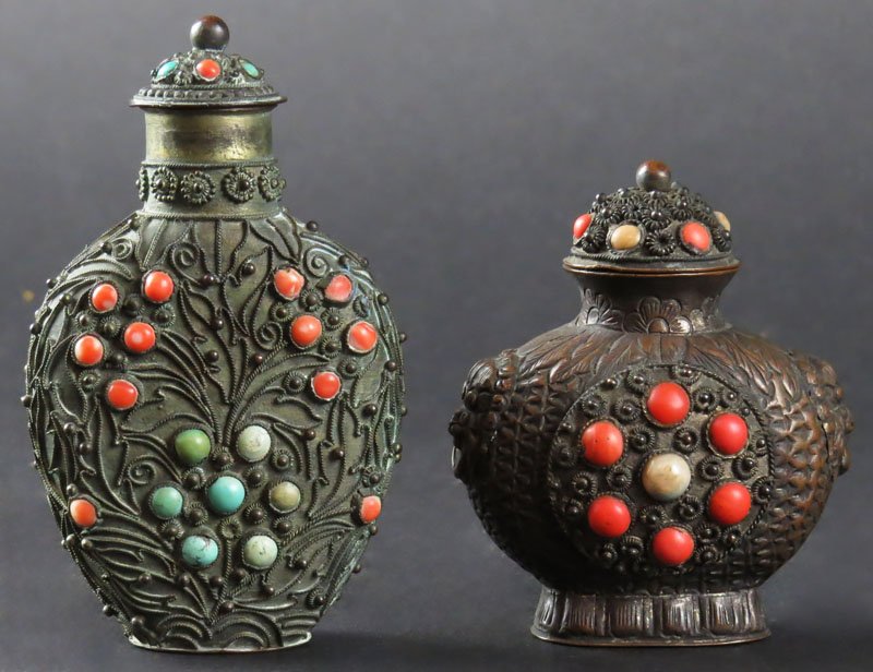 Two (2) Chinese Mongolian Copper Snuff Bottles with: Two (2) Chinese Mongolian Copper Snuff Bottles with Inset Coral and Turquoise beads. One Signed China. Loss of One Coral bead to One Otherwise Good Condition. Taller Measures 3-1/2 Inches Tall and 2-1