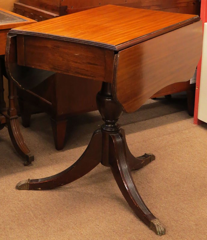 Mahogany Duncan Phyfe Pembroke Table with Gilt Bronze: Mahogany Duncan Phyfe Pembroke Table with Gilt Bronze Mounts. Good Condition. Measures 30-1/2 Inches Tall and 19 Inches Wide in a Closed Position. We Will Not Ship This Item In-House Due to Its Size,