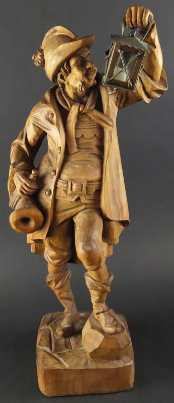Large Mid 20th Century Black Forest Germany Wood: Large Mid 20th Century Black Forest Germany Wood Carving. Man with Horn Holding Lantern. Was Electrified now Cord Cut. Good Condition. Measures 24-1/2 Inches Tall and 10-1/2 Inches Wide. Shipping $80.