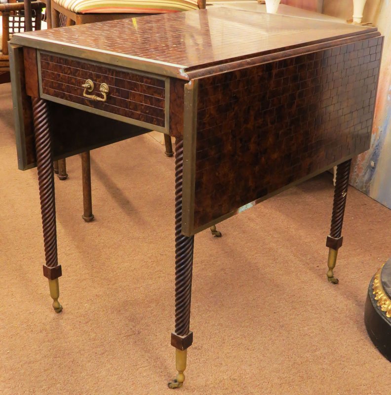 Mid Century John Widdicomb Pembroke Style Bronze: Mid Century John Widdicomb Pembroke Style Bronze Mounted Folding Table on Casters. Signed. Nicks to Finish, Tarnish to Bronze Mounts or else Good Condition. Measures 28-3/4 Inches Tall and 43-1/2 Inch