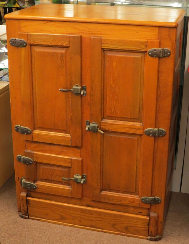 Antique Oak Ice Box now Converted to a Bar with Glass: Antique Oak Ice Box now Converted to a Bar with Glass Shelving. Patent Date 1915. Reinforcement to Base or else Very Good Condition. Measures 45-1/4 Inches Tall and 33 Inches Wide. We Will Not Ship Th