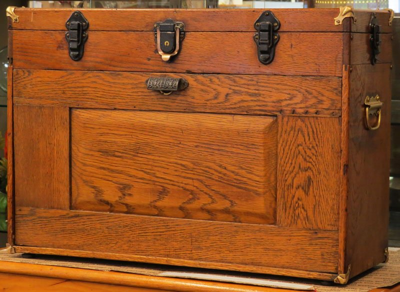 Antique Oak Machinists Tool Box with Snakeskin Lined: Antique Oak Machinists Tool Box with Snakeskin Lined Top Section. Unsigned. Measures 18-3/4 Inches Tall and 26-1/2 Inches Wide. Shipping $165.00