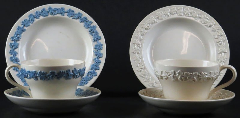 Two (2) Wedgewood Trio Sets. White on White and Blue on: Two (2) Wedgewood Trio Sets. White on White and Blue on White Jasperware. Shipping $32.00