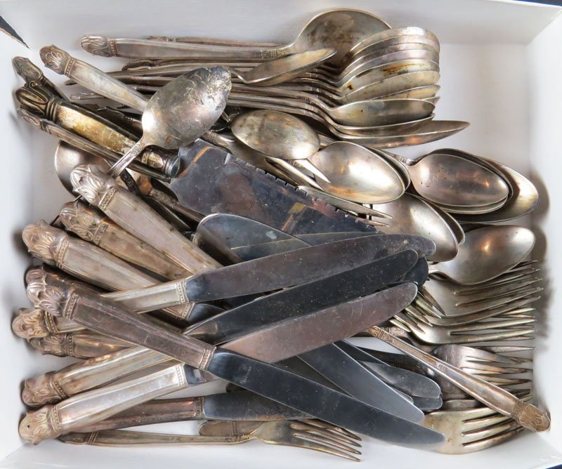 Seventy Three (73) Pieces Silver Plated Flatware.: Seventy Three (73) Pieces Silver Plated Flatware. Holmes and Edwards Inlay. Tarnished or Very Good Condition. Shipping $40.00