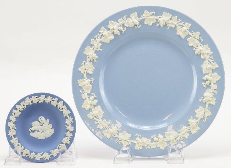 Two (2) Blue Wedgwood Pieces Including Queensware: Two (2) Blue Wedgwood Pieces Including Queensware Luncheon Plate Measuring 9-3/8 Inches Diameter and a Blue Jasperware Nut Dish. Signed. Very Good Condition. Nut Dish Measures 4-3/8 Inches Diameter. S