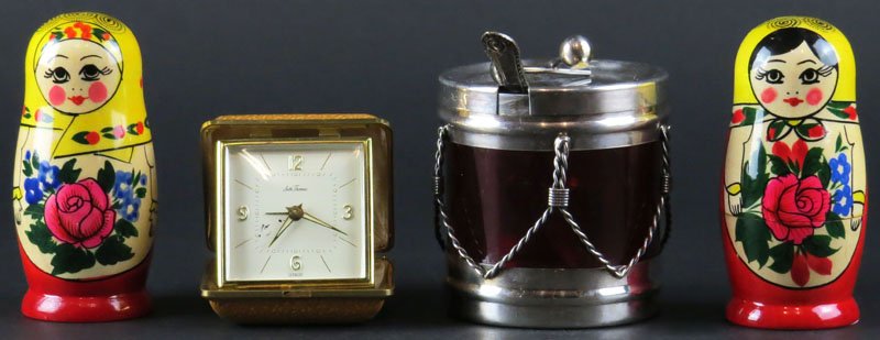 Miscellaneous Lot Two (2) Katuschka Dolls Together with: Miscellaneous Lot Two (2) Katuschka Dolls Together with Seth Thomas Germany Travel Alarm Clock and a Metal and Red Glass Condiment Jar and Spoon. Shipping $25.00