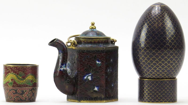 Four (4) Modern CloisonnÃ© Pieces Including: Miniature: Four (4) Modern CloisonnÃ© Pieces Including: Miniature Teapot, Saki Cup, Egg and Napkin Ring. Very Good Condition. Teapot Measures 3-1/4 Inches. Shipping $20.00
