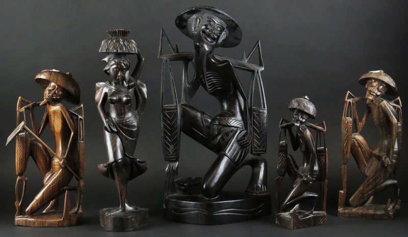 Collection of Five (5) Vietnamese Carved Wooden: Collection of Five (5) Vietnamese Carved Wooden Figures. Unsigned. Good Condition. Tallest Measures 17-1/2 Inches. Shipping $90.00