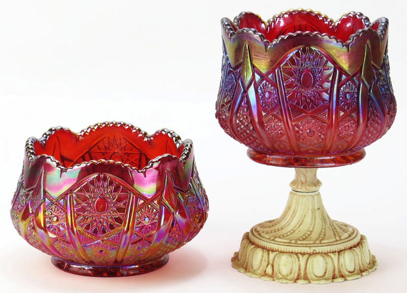 Two (2) Pieces Cranberry Carnival Glass Bowl and: Two (2) Pieces Cranberry Carnival Glass Bowl and Compote. Shipping $40.00