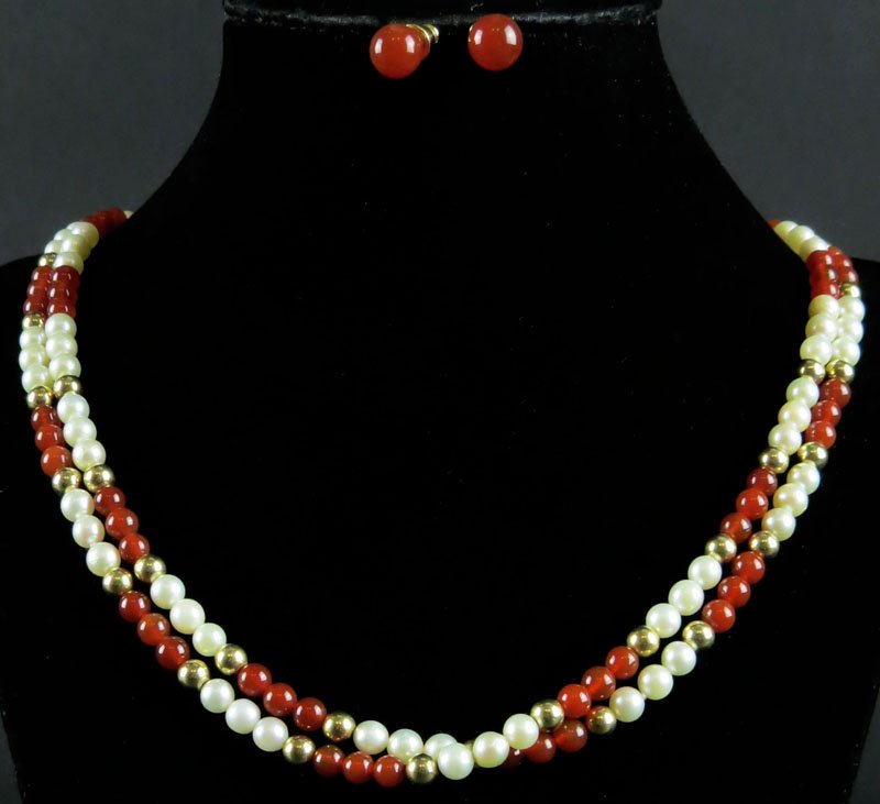 14 Karat Yellow Gold, Pearl and Carnelian Necklace: 14 Karat Yellow Gold, Pearl and Carnelian Necklace together with Carnelian Earrings. Signed 14K. Good Condition. Measures 38 Inches Long. Shipping $20.00