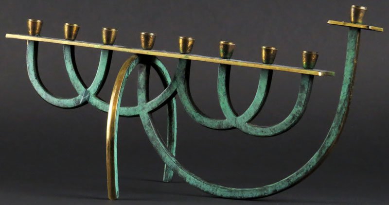 Mid Century Modern Brass Menorah. Unsigned. Tarnish or: Mid Century Modern Brass Menorah. Unsigned. Tarnish or else Good Condition. Measures 6 Inches Tall and 12-1/2 Inches Wide. Shipping $25.00