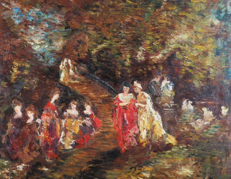 attributed to: Adolphe Joseph Thomas Monticelli French: attributed to: Adolphe Joseph Thomas Monticelli French (1824-1886) Oil on Cradled Panel "Maidens in the Garden" signed Monticelli en Verso. Good Condition, Scratches. Unframed. Measures 14-3/8 by 18-1