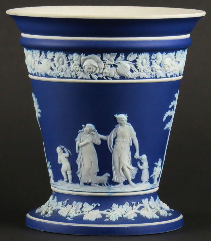 Blue and White Wedgwood Jasperware Planter. Signed.: Blue and White Wedgwood Jasperware Planter. Signed. Good Condition. Measures 6 Inches Tall and 5-1/2 Inches Diameter at the Rim. Shipping $28.00