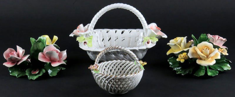 Two (2) Capodimonte Porcelain Flower Figures together: Two (2) Capodimonte Porcelain Flower Figures together with Capodimonte Porcelain Flower Basket and Smaller Round Version of same Item. Each Signed. Shipping $40.00