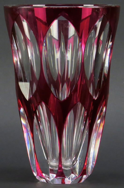 Red to Clear Bavarian Crystal Vase. Signed. Good: Red to Clear Bavarian Crystal Vase. Signed. Good Condition. Measures 8 Inches Tall and Measures 5-3/8 Inches Diameter at the Rim. Shipping $35.00
