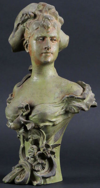 19th Century French White Metal Sculpture with: 19th Century French White Metal Sculpture with Verdigris Patina "Bust of a Girl with Hat" Unsigned. Good Condition. Measures 12 Inches Tall and 6-3/4 Inches Wide. Shipping $35.00