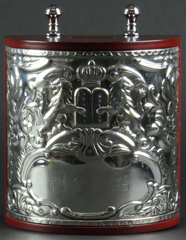 Hazorfim Israel Silvertone and Wood Tzedakah "Charity": Hazorfim Israel Silvertone and Wood Tzedakah "Charity" Box. Well Signed. Very Good Condition. Measures 7 Inches by 5-5/8 Inches. Shipping $20.00