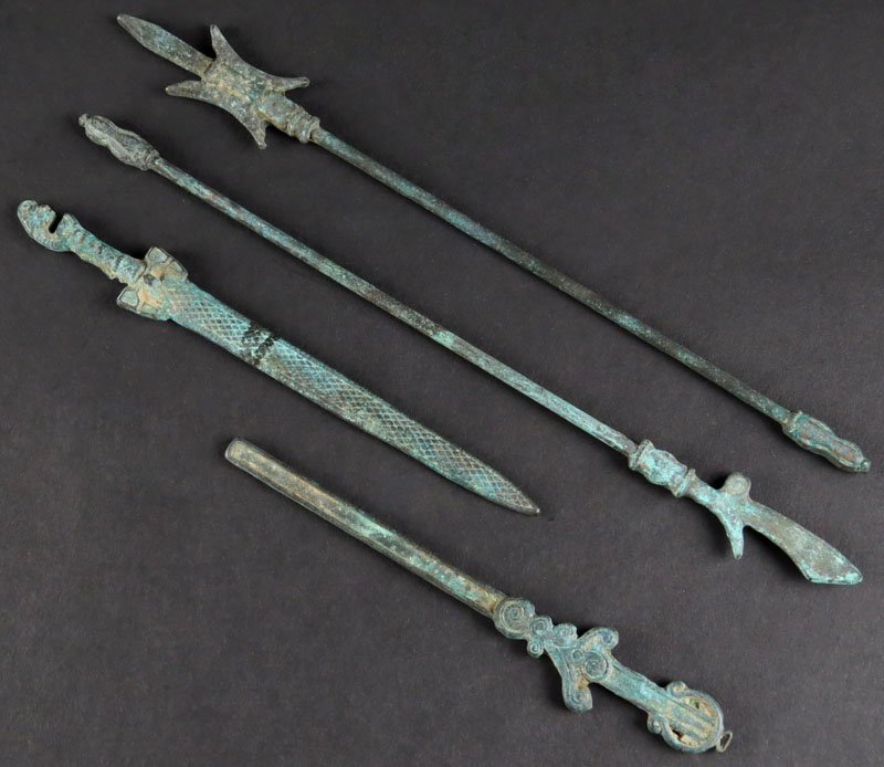 Two (2) Antique Chinese Bronze Knives and Two (2): Two (2) Antique Chinese Bronze Knives and Two (2) Spears. Good Condition. Longest Measures 9 Inches. Shipping $20.00